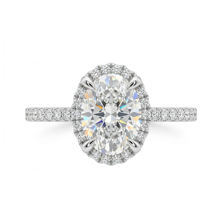 2.00 ctw Lab-Grown Diamond Halo Engagement Ring | 1.75 ct Oval G/H SI1–2 | 14K White Gold - Brownee Jewelers