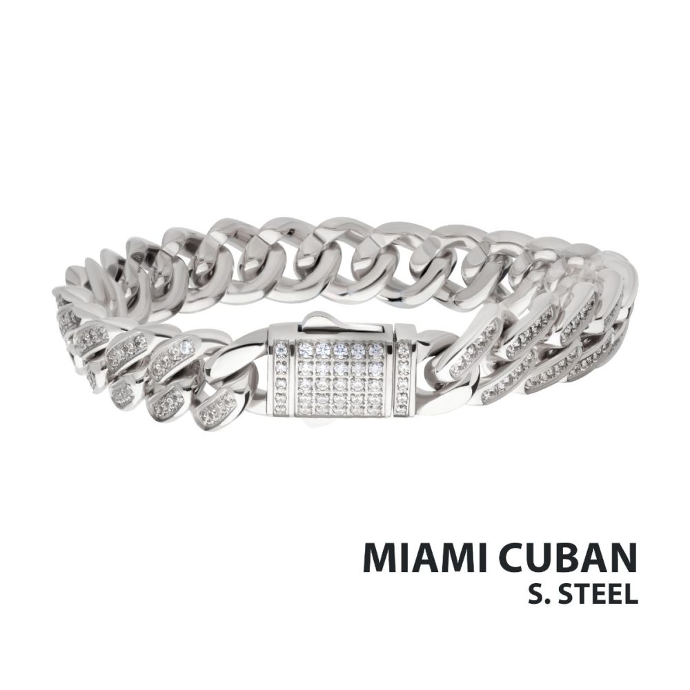 Miami Cuban Chain Bracelet | Stainless Steel | 12mm Width | 8.5 Inch Length | Cubic Zirconia | NSTC2512-85 - Brownee Jewelers