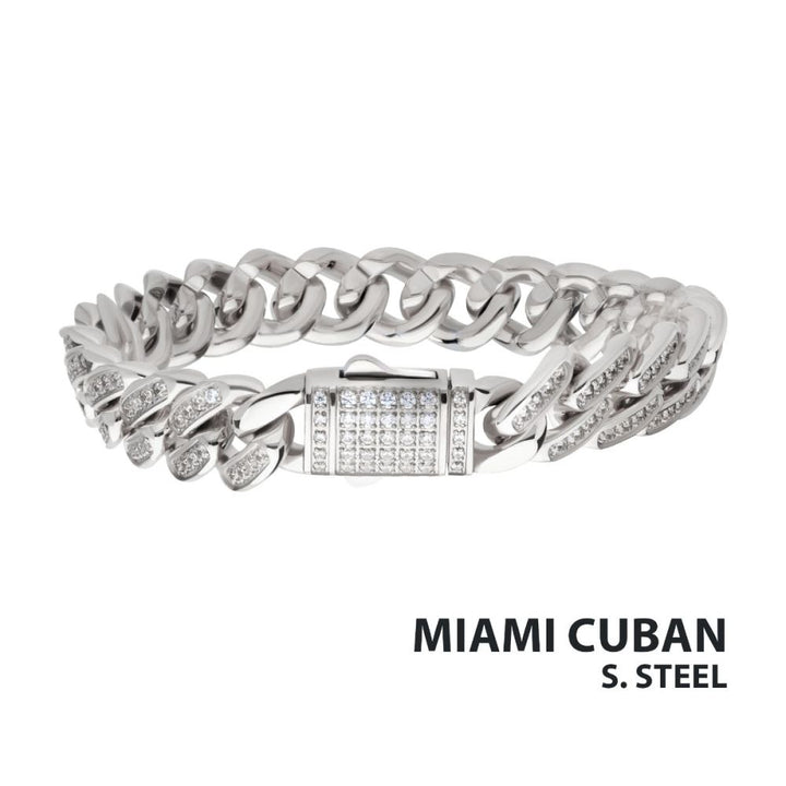 Miami Cuban Chain Bracelet | Stainless Steel | 12mm Width | 8.5 Inch Length | Cubic Zirconia | NSTC2512-85 - Brownee Jewelers