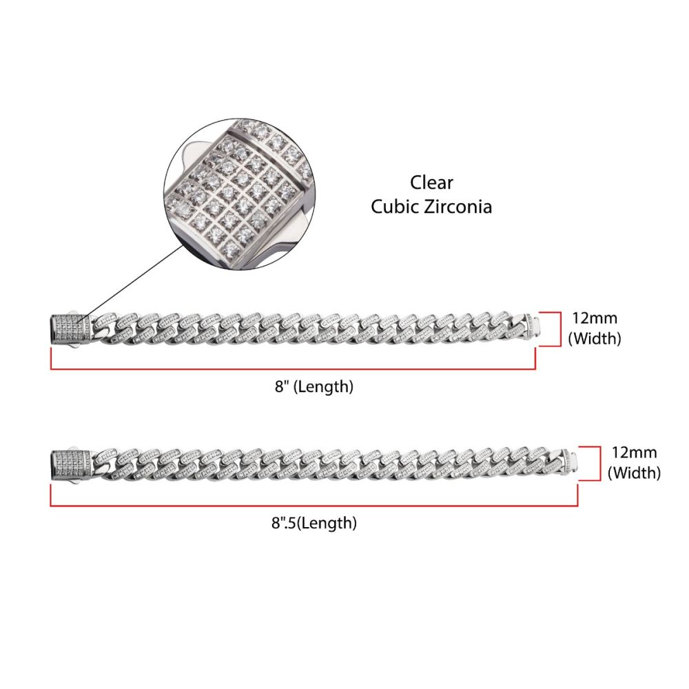 Miami Cuban Chain Bracelet | Stainless Steel | 12mm Width | 8.5 Inch Length | Cubic Zirconia | NSTC2512-85 - Brownee Jewelers