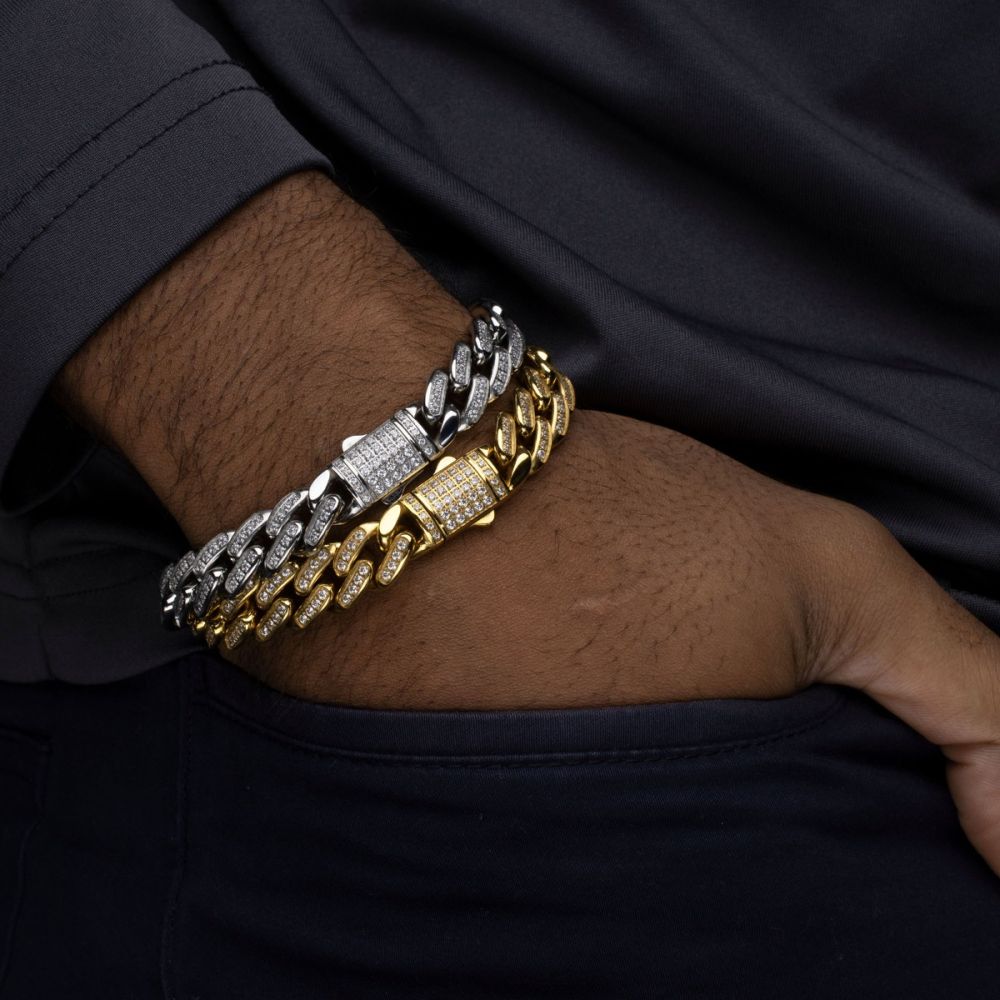 Miami Cuban Chain Bracelet | Stainless Steel | 12mm Width | 8.5 Inch Length | Cubic Zirconia | NSTC2512-85 - Brownee Jewelers