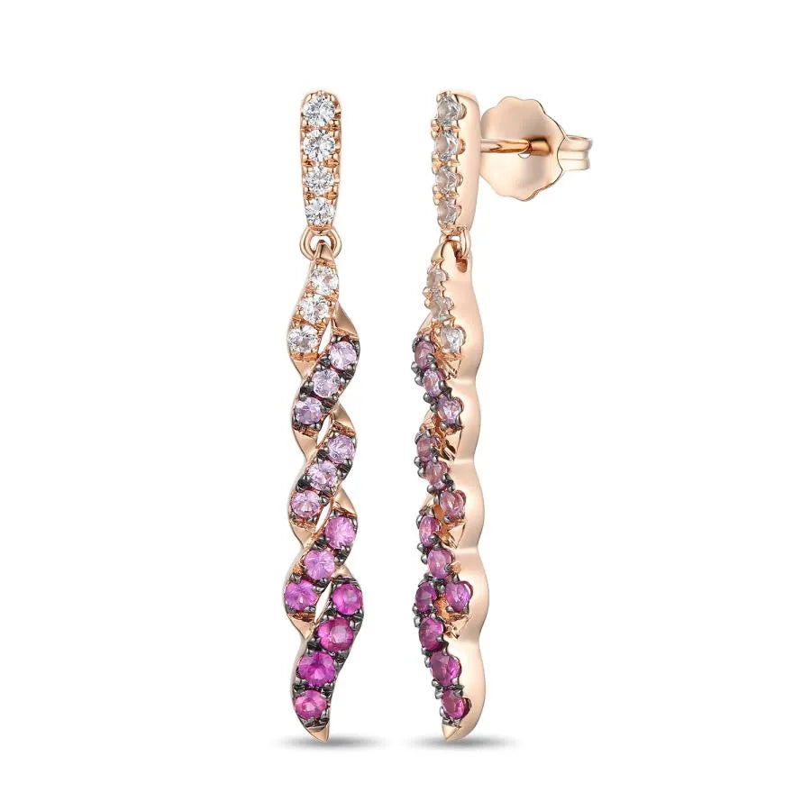 Le Vian® 14K Rose Gold Ombre Pink Sapphire & White Sapphire Drop Earrings These breathtaking Le Vian® drop earrings showcase a graceful ombre cascade of sparkling pink sapphires, artfully transitioning from soft blush tones to rich magenta hues