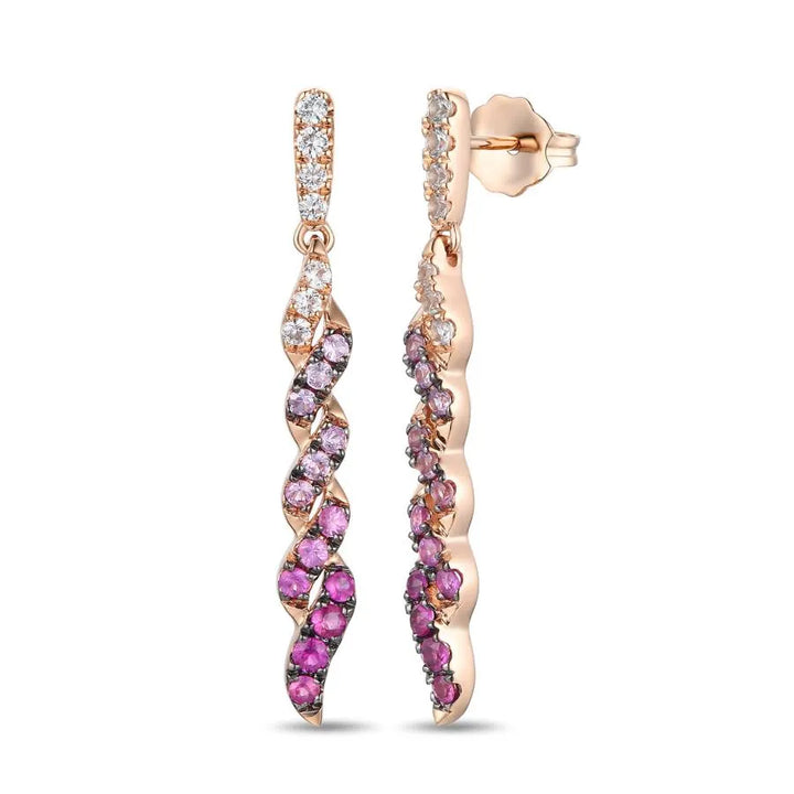 Le Vian® 14K Rose Gold Ombre Pink Sapphire & White Sapphire Drop Earrings These breathtaking Le Vian® drop earrings showcase a graceful ombre cascade of sparkling pink sapphires, artfully transitioning from soft blush tones to rich magenta hues