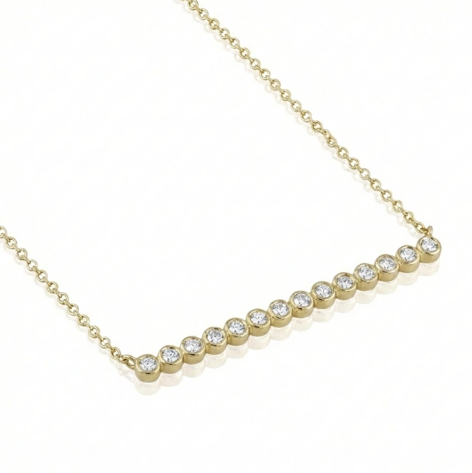 Bezel-Set Diamond Bar Necklace | 14K Yellow Gold | Round Diamonds | Station Pendant - Brownee Jewelers