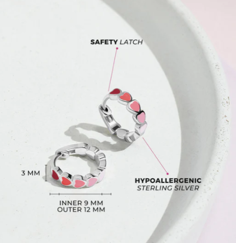 ENAMELED HEART HOOPS RED AND PINK