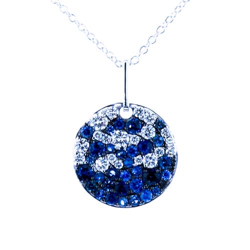 Blue Sapphire & Diamond Pavé Disc Pendant Necklace | 14K White Gold | 0.69 ct Sapphire, 0.36 ctw Diamonds l AP70210MS-200W - Brownee Jewelers