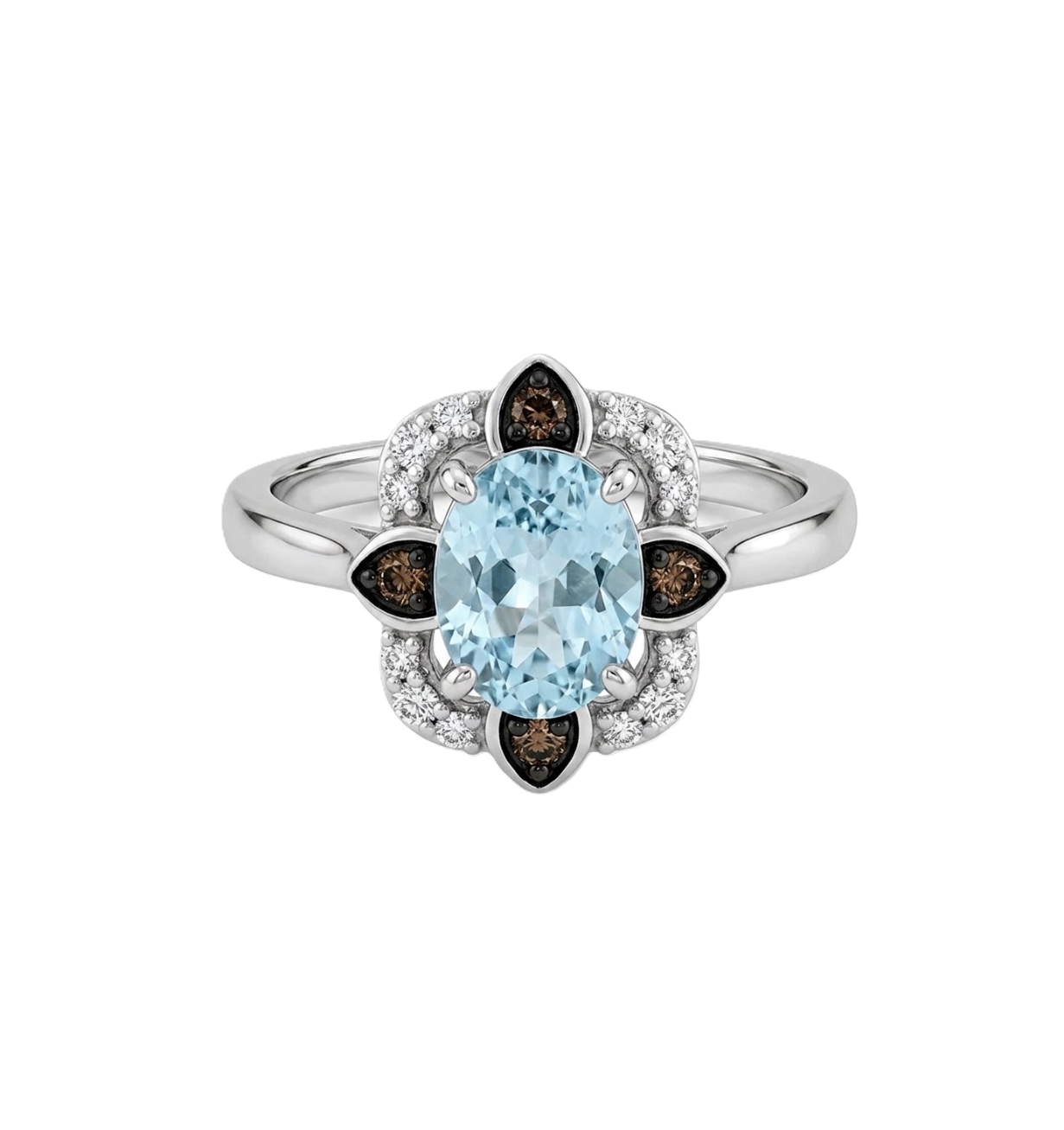 Oval Aquamarine Halo Ring | 14K White Gold | 1.20 ctw | Chocolate & Vanilla Diamonds® | TRTV 380A - Brownee Jewelers