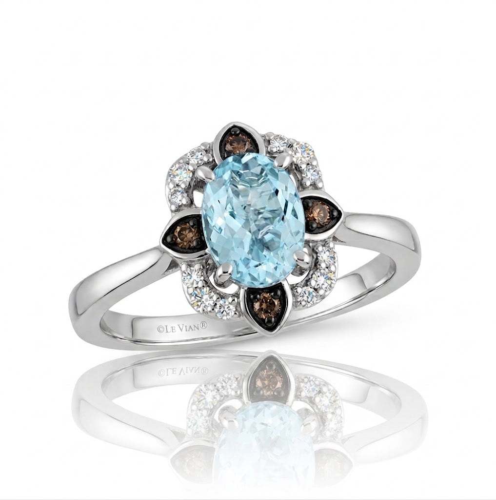 Oval Aquamarine Halo Ring | 14K White Gold | 1.20 ctw | Chocolate & Vanilla Diamonds® | TRTV 380A - Brownee Jewelers
