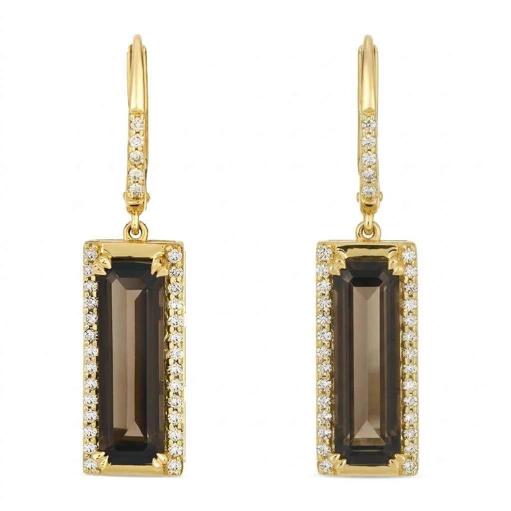 4.6 TOTAL CARAT WEIGHT EMERALD CUT CHOCOLATE QUARTZ AND .38 TOTAL CARAT WEIGHT ROUND DIAMOND SIDES DROP EARRINGS IN 14K YELLOW GOLD