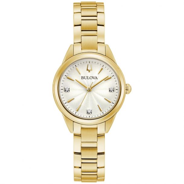 Bulova Sutton | Women's Gold-Tone Stainless Steel Watch | Silver Dial | Diamond Accents | 97P150 - Brownee Jewelers