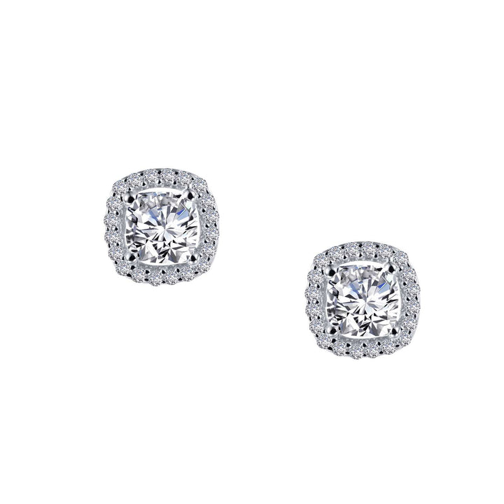 These 1.52 CTW Halo Stud Earrings feature Lafonn Lassaire simulated diamonds, showcasing a cushion-cut center framed by a halo of round stones for added brilliance and dimension.
