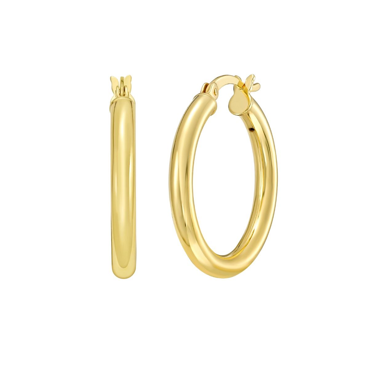 20 Millimeter Yellow Gold-Plated Sterling Silver Round Tube Hoop Earrings with a Hinged Clasp
