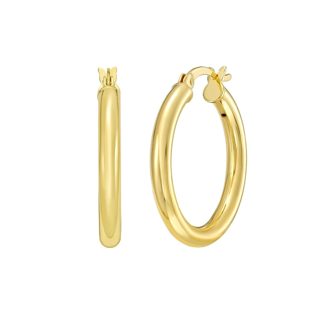 20 Millimeter Yellow Gold-Plated Sterling Silver Round Tube Hoop Earrings with a Hinged Clasp