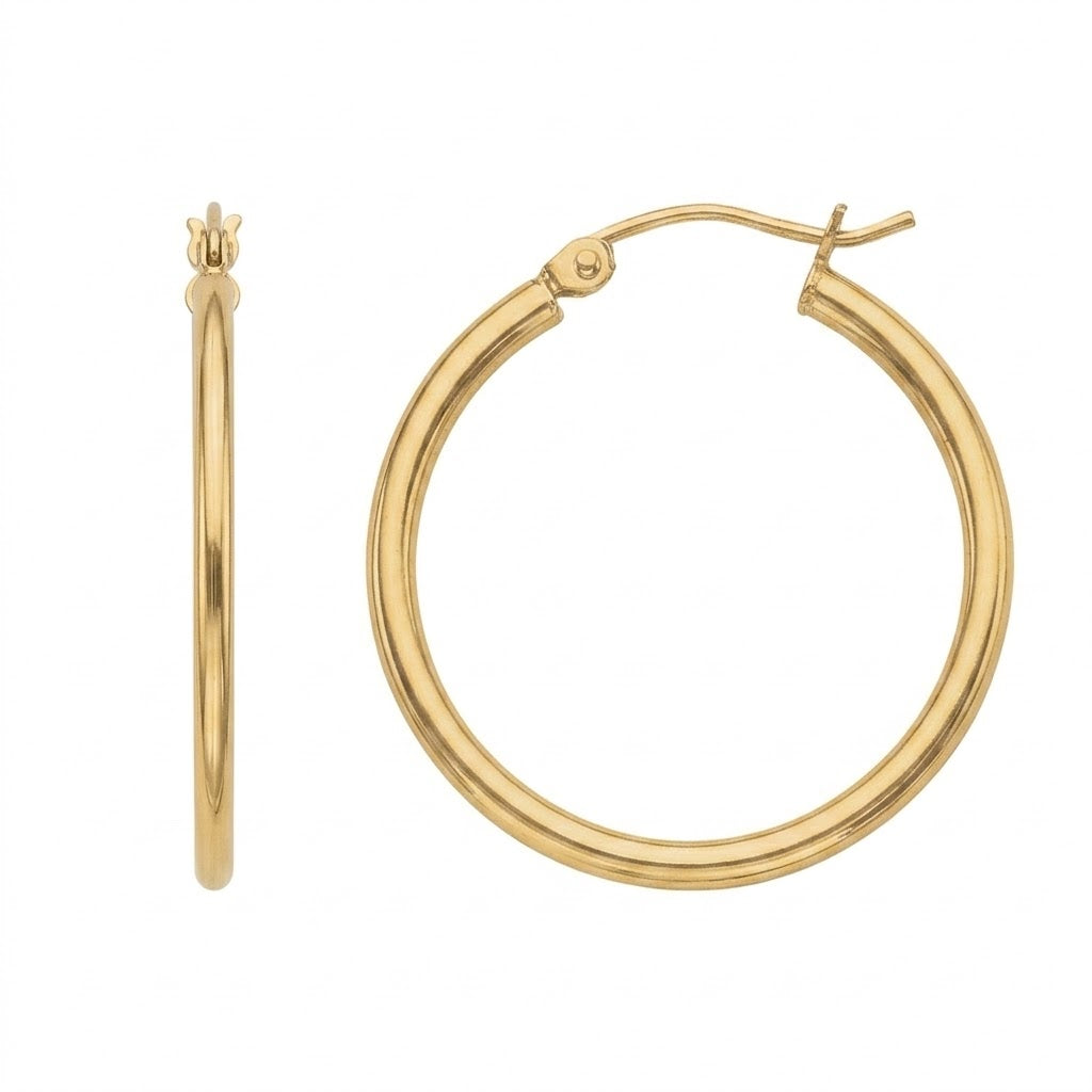 2 by 25 Millimeter Polished Hoop Earrings in Sterling Silver with an 18K Gold Plating Finish
