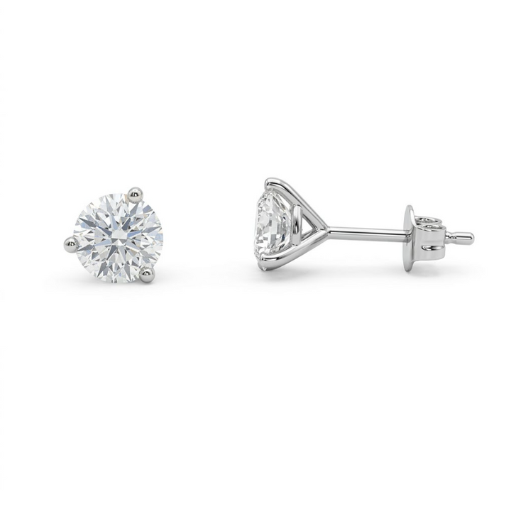 Round Lab-Grown Diamond Stud Earrings | 14K White Gold | 2.00 ctw Round Diamonds | Martini 3-Prong Setting - Brownee Jewelers