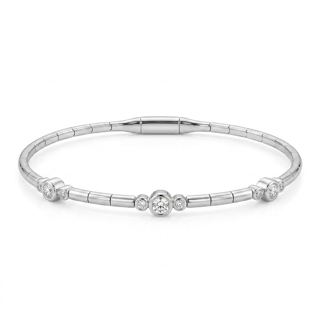  6.75 Inch Sterling Silver Bezel-Set Diamond Flex Bangle Bracelet with 1/5 CT Diamonds