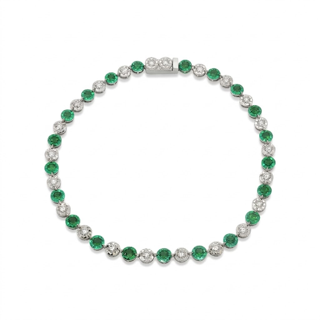14 karat white and green gold diamond and garnet tennis bracelet 