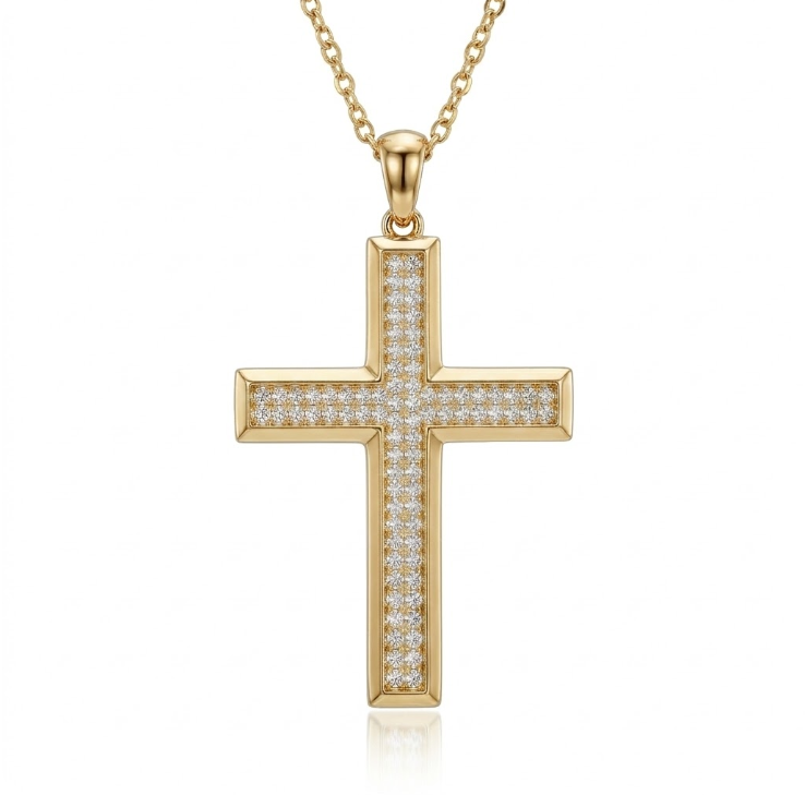 Diamond Pavé Cross Pendant | 10K Yellow Gold | Round Brilliant Diamonds | Religious Jewelry Pendant - Brownee Jewelers