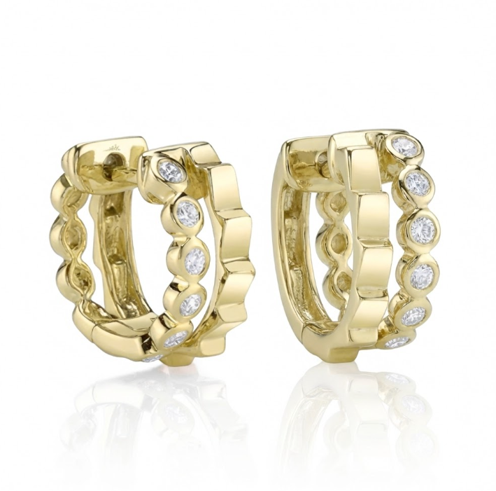 Diamond Bezel Huggie Earrings | 14K Yellow Gold | 0.15 ctw | Hinged Hoop Earrings - Brownee Jewelers