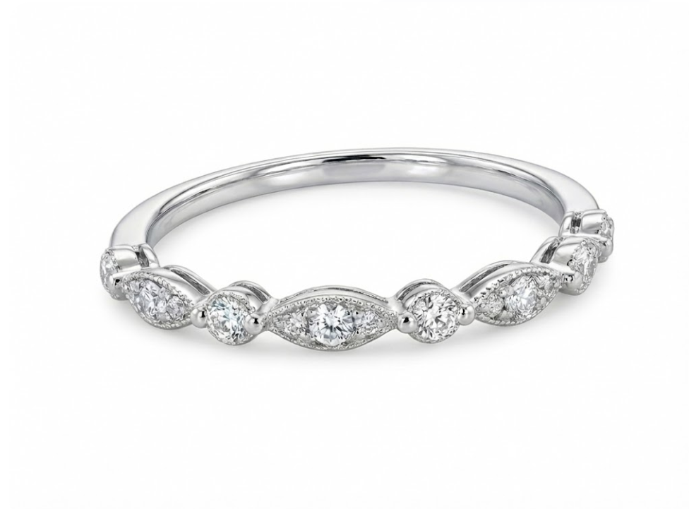 Diamond Band, Round & Marquise | Platinum | Stackable Ring | Alternating Design - Brownee Jewelers