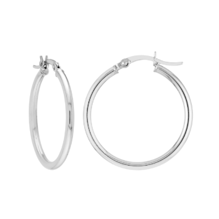 2 Millimeter by 25 Millimeter Polished Hoop Earrings in Rhodium Plated Sterling Silver