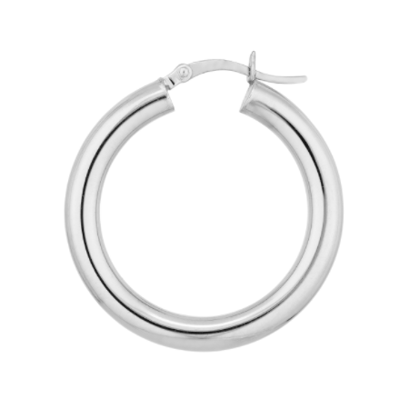 4 Millimeter by 30 Millimeter Polished Hoop Earrings in Rhodium Plated Sterling Silver