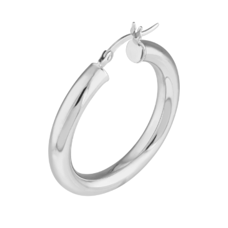 4 Millimeter by 30 Millimeter Polished Hoop Earrings in Rhodium Plated Sterling Silver