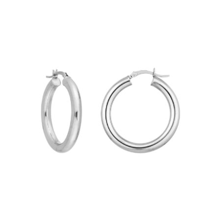 4 Millimeter by 30 Millimeter Polished Hoop Earrings in Rhodium Plated Sterling Silver