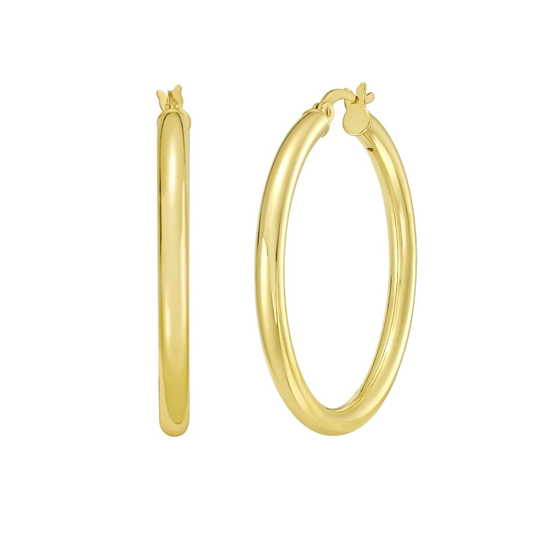 30 Millimeter Yellow Gold-Plated Sterling Silver Round Tube Hoop Earrings with a Hinged Clasp