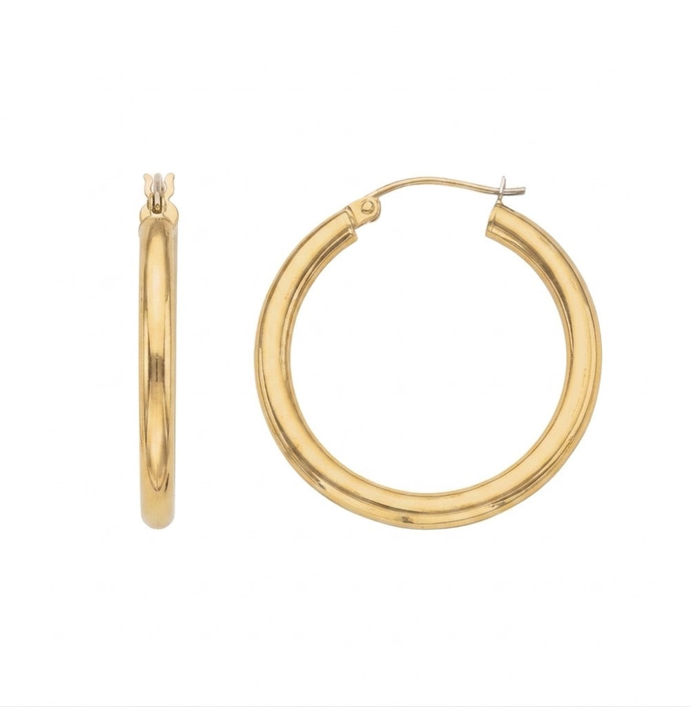 3 by 30 Millimeter Polished Hoop Earrings in Sterling Silver with an 18K Gold-Plating Finish