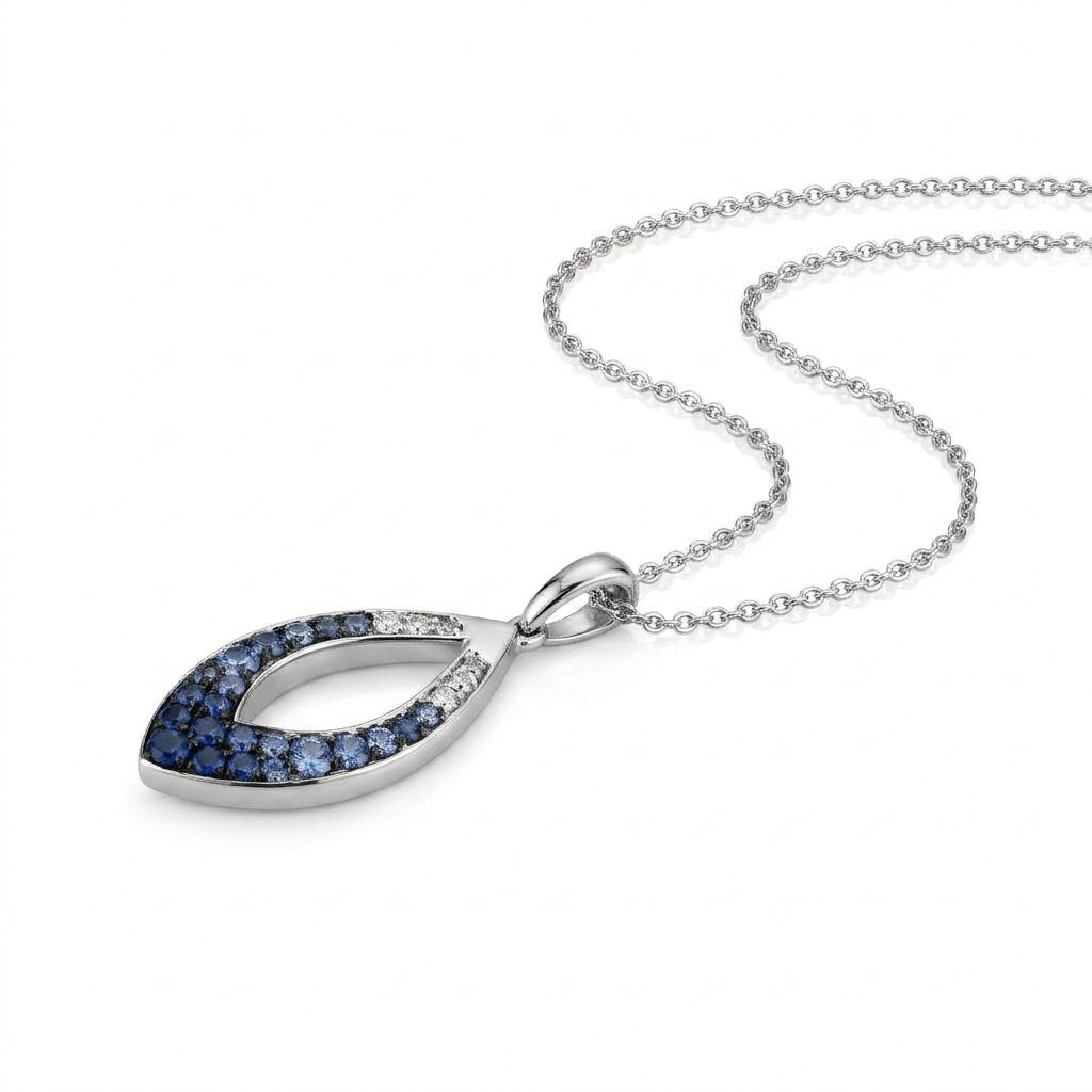 .59 TOTAL CARAT WEIGHT ROUND DENIM BLUE SAPPHIRE OMBRE PAVE MARQUISE-SHAPED PENDANT