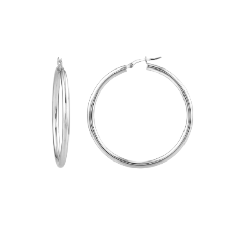 3 Millimeter by 45 Millimeter Polished Hoop Earrings in Rhodium Plated Sterling Silver