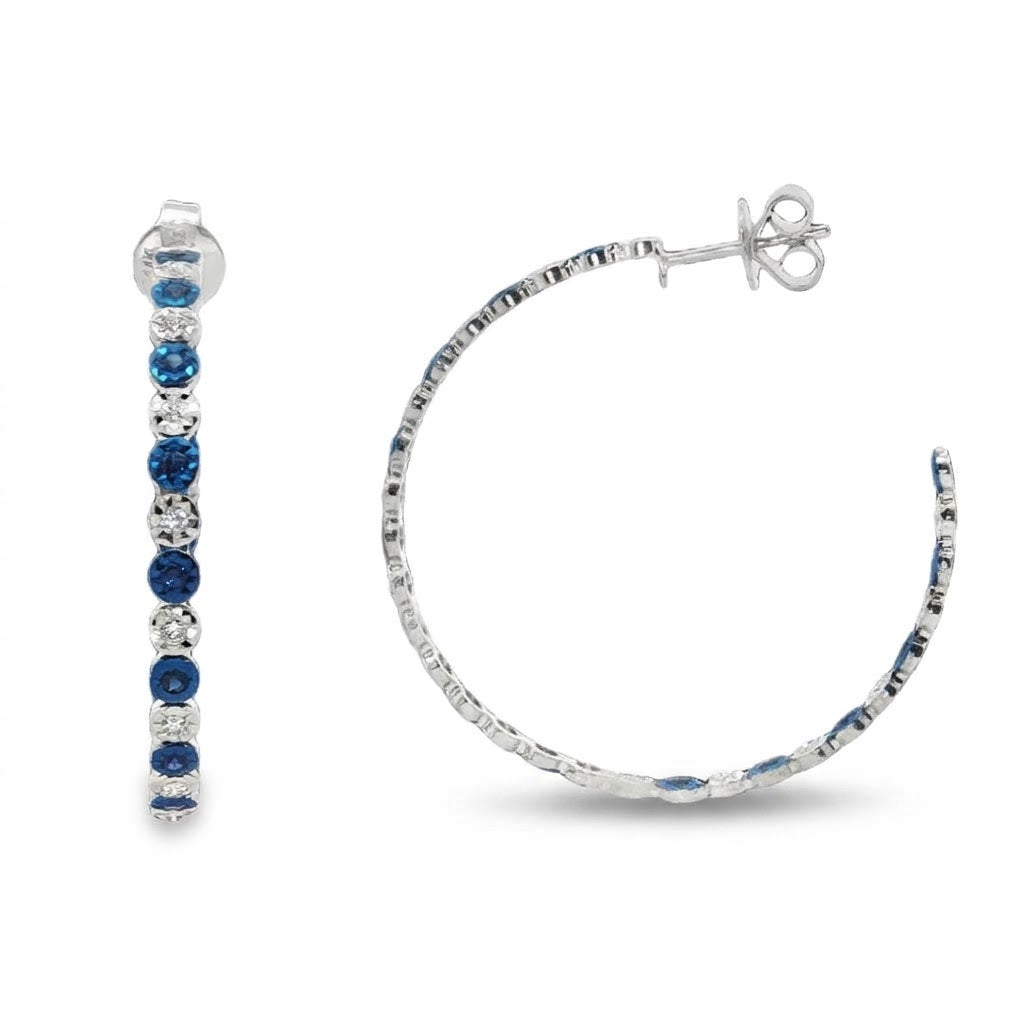 .59 Carats Round Blue Sapphire and .50 Carats Round Diamonds Hoop Earrings in 14kt White Gold