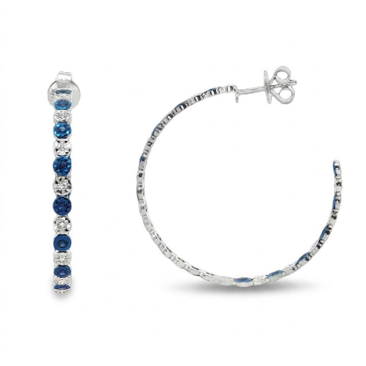 .59 Carats Round Blue Sapphire and .50 Carats Round Diamonds Hoop Earrings in 14kt White Gold