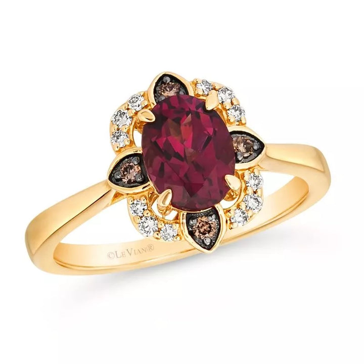 Le Vian® 14K Honey Gold™ Raspberry Rhodolite® Ring with Nude & Chocolate Diamonds® (1.48ctw) This stunning Le Vian® ring features a bold 1 1/3 ct. Raspberry Rhodolite® center—rich, vibrant, and full of luxurious berry-red brilliance