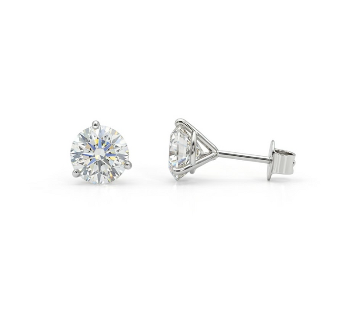 Round Lab-Grown Diamond Stud Earrings | 14K White Gold | 3.00 ctw Round Diamonds | Martini 3-Prong Setting - Brownee Jewelers