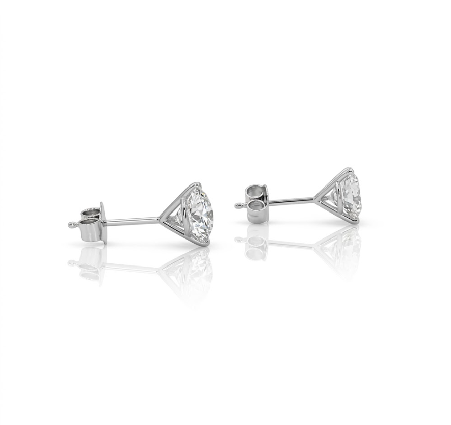 Round Lab-Grown Diamond Stud Earrings | 14K White Gold | 3.00 ctw Round Diamonds | Martini 3-Prong Setting - Brownee Jewelers
