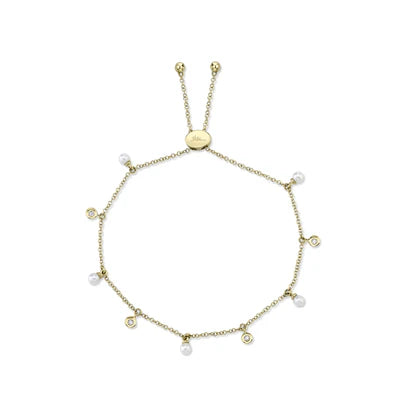 Diamond & Cultured Pearl Adjustable Bracelet | 14K Yellow Gold | 0.04 ctw Diamonds - Brownee Jewelers