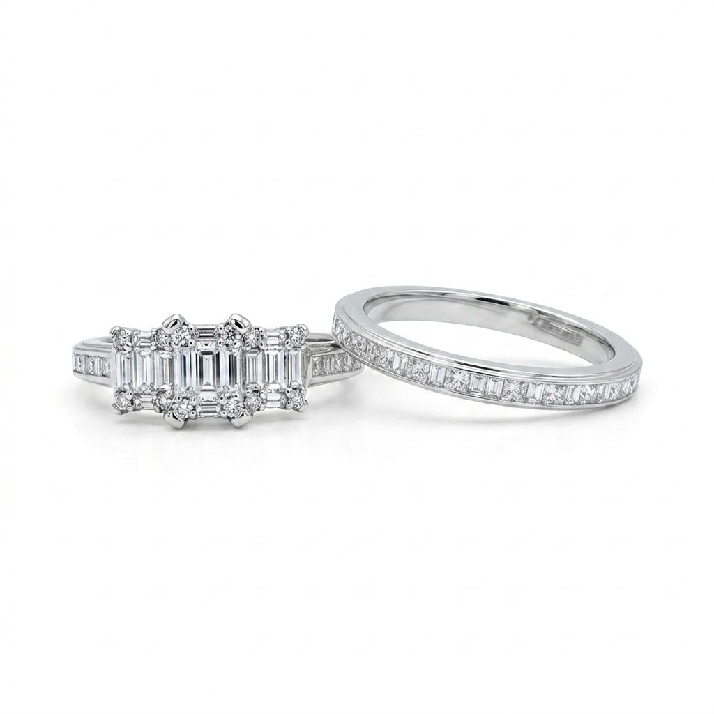 14K White Gold 1.00 CTW Baguette & Princess Cut Diamond Bridal Set