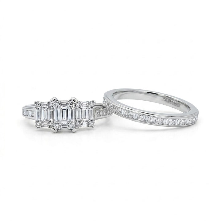Baguette & Princess-Cut Diamond Bridal Set | 14K White Gold | 1.00 CTW Diamond Wedding Set | Multi-Shape Diamond Design - Brownee Jewelers