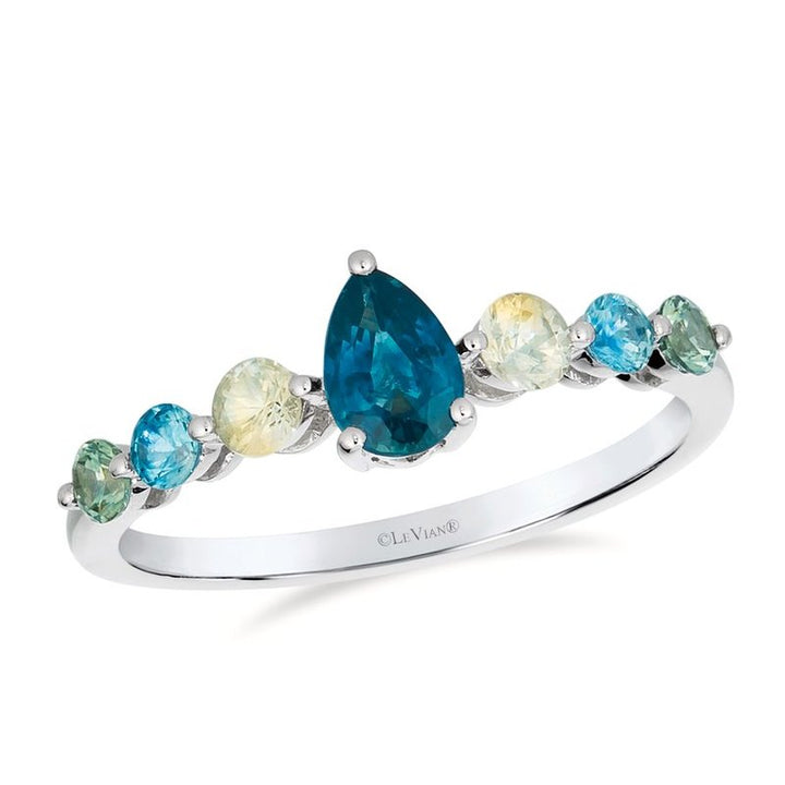 Le Vian® Montana Sapphire Ombré™ Ring in 14K Vanilla Gold® – 0.88ct Showcasing the natural beauty of Montana’s finest sapphires, this Le Vian® ring features 7/8 cts. of Montana Sapphire Ombré™, artfully arranged from deep teal to airy sky-blue tones