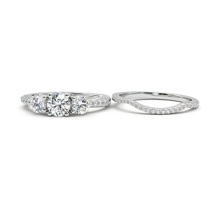Three-Stone Diamond Bridal Set | 14K White Gold | Engagement Ring & Wedding Band Set | Three Round Diamonds | Pavé Diamond Accents - Brownee Jewelers