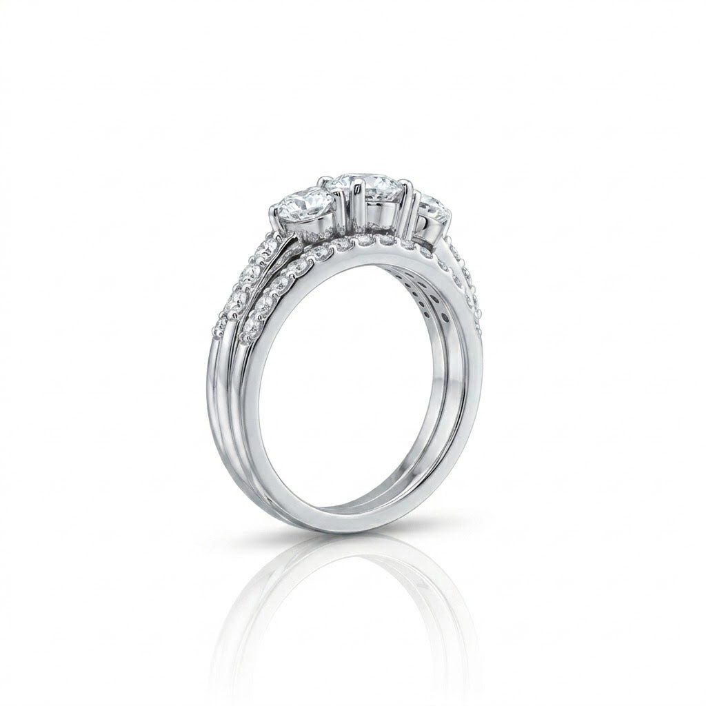Three-Stone Diamond Bridal Set | 14K White Gold | Engagement Ring & Wedding Band Set | Three Round Diamonds | Pavé Diamond Accents - Brownee Jewelers