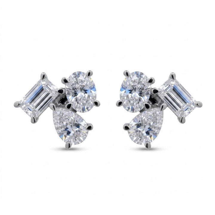 Oval, Pear & Emerald-Cut Lab-Grown Diamond Stud Earrings | 14K White Gold | 1.85 CTW Lab-Grown Diamonds | Three-Stone Cluster Earrings - Brownee Jewelers