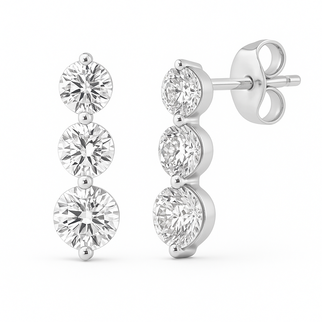 3 tier drop stud round brilliant cut earrings, 6 carats total weight 