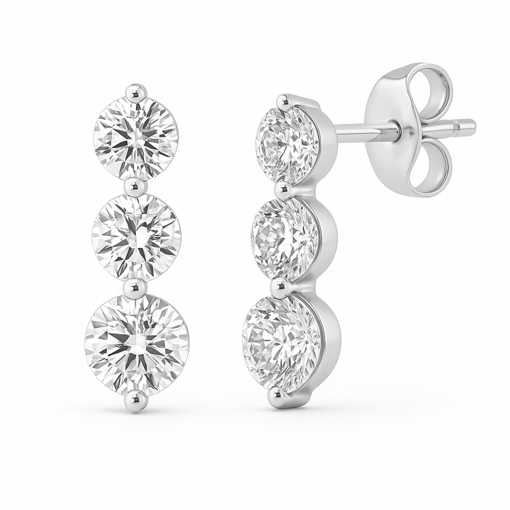 3 tier drop stud round brilliant cut earrings, 6 carats total weight 