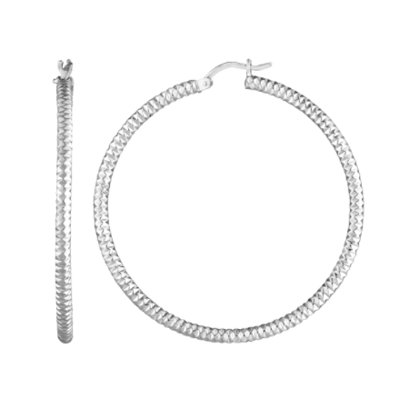 3 Millimeter by 40 Millimeter Diamond-Cut Rhodium Plated Sterling Silver Hoop Earrings