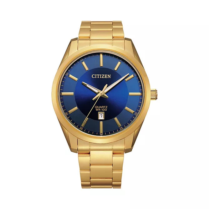 Citizen Men's Quartz Movement Watch with Gold-Tone Stainless Steel Strap, Blue Dial, Gold-Tone Markers, and Gold-Tone Luminous Hands