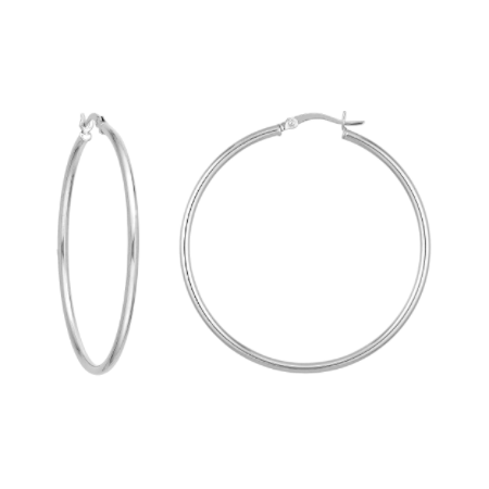 2 Millimeter by 45 Millimeter Polished Hoop Earrings in Rhodium Plated Sterling Silver