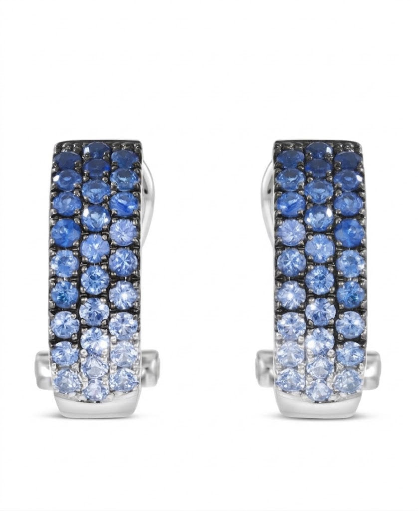 1.20 TOTAL CARAT WEIGHT ROUND DENIM BLUE SAPPHIRE OMBRE PAVE EARRINGS WITH OMEGA BACK IN 14K WHITE GOLD